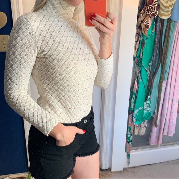 Vintage 70s Knit Metallic Bodysuit Turtleneck S/M - Picture 4 of 13